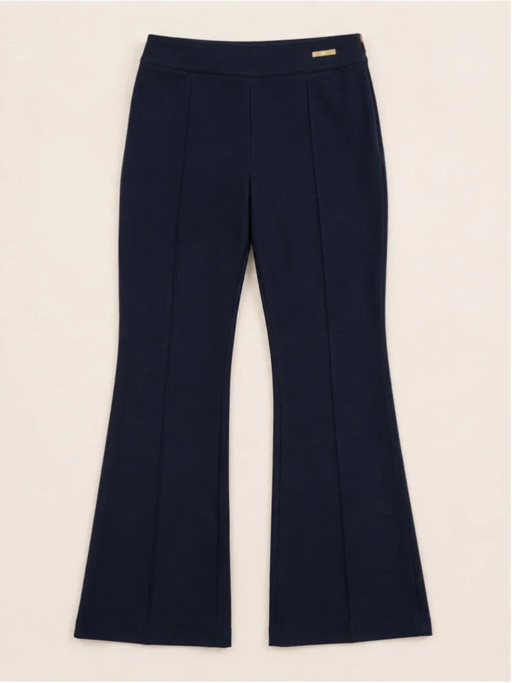Tory Burch Navy Wool Blend Flare Knit Pants Gold Logo Side Zip Size 4
